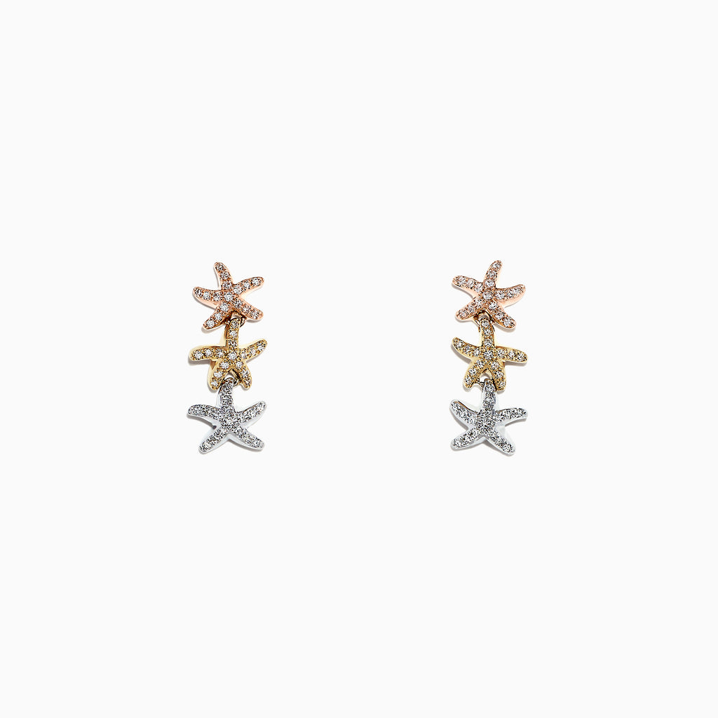 Seaside 14K Tri Color Gold Diamond Starfish Earrings—rose, yellow, and white gold—feature sparkling diamonds totaling 0.33 TCW, elegantly stacked against a crisp white background.