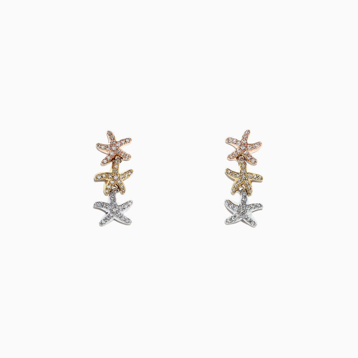 Seaside 14K Tri Color Gold Diamond Starfish Earrings—rose, yellow, and white gold—feature sparkling diamonds totaling 0.33 TCW, elegantly stacked against a crisp white background.