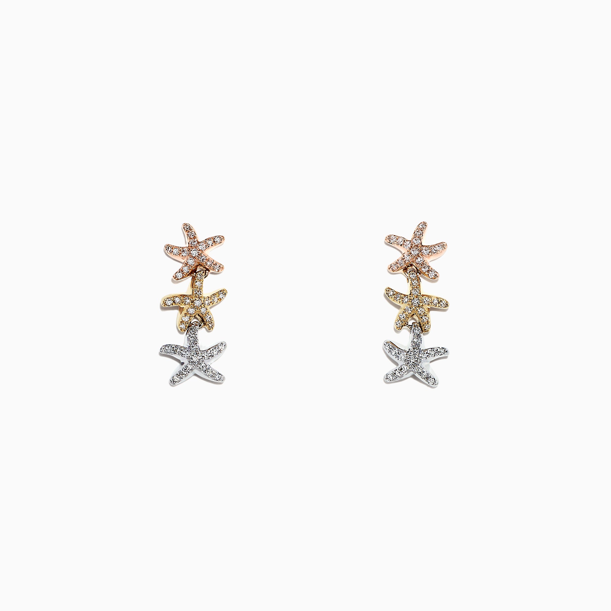 Seaside 14K Tri Color Gold Diamond Starfish Earrings—rose, yellow, and white gold—feature sparkling diamonds totaling 0.33 TCW, elegantly stacked against a crisp white background.
