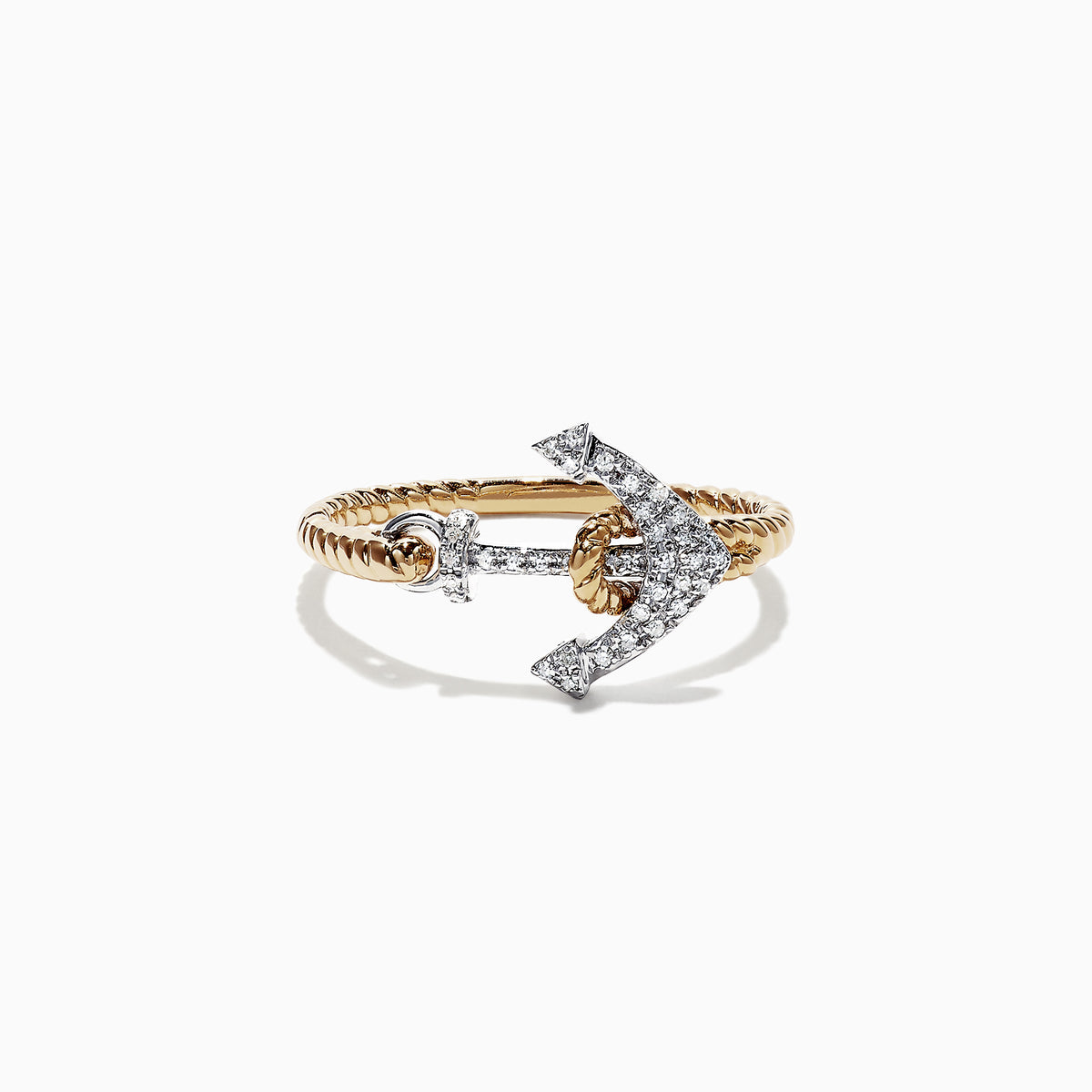 The Seaside 14K Two Tone Gold Diamond Anchor Ring, 0.12 TCW, features a gold twisted band and a diamond-encrusted anchor design on the front, set against a plain white background.