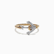 The Seaside 14K Two Tone Gold Diamond Anchor Ring, 0.12 TCW, features a gold twisted band and a diamond-encrusted anchor design on the front, set against a plain white background.