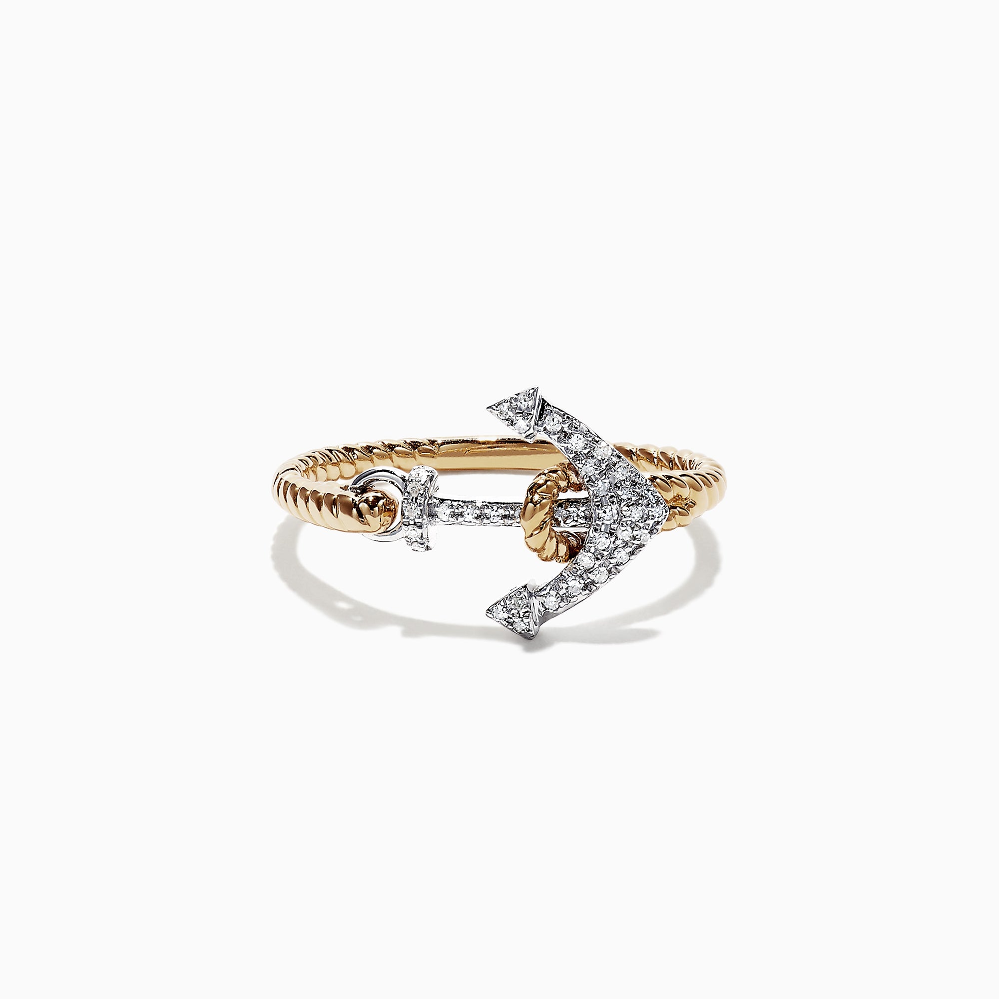 The Seaside 14K Two Tone Gold Diamond Anchor Ring, 0.12 TCW, features a gold twisted band and a diamond-encrusted anchor design on the front, set against a plain white background.