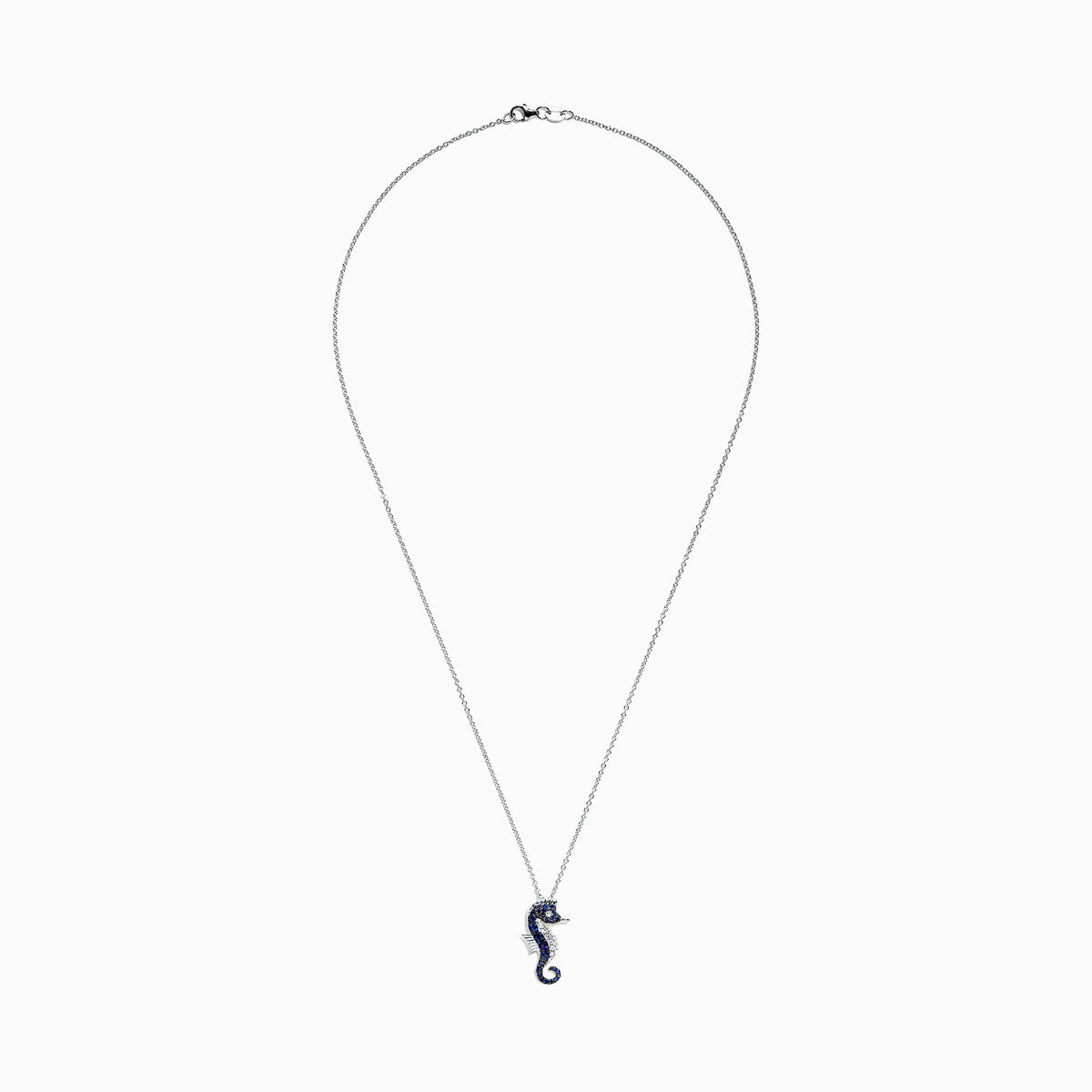 Seaside 14K White Gold Sapphire & Diamond Seahorse Pendant (0.78 TCW) on a delicate white gold chain, set with sapphire and white gemstones, displayed against a plain white background.