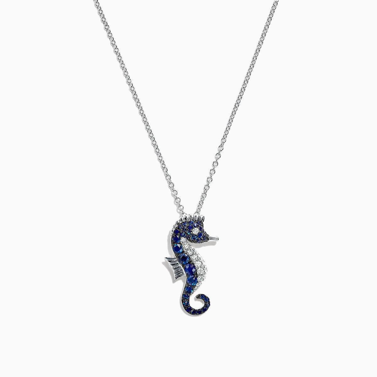 Seaside 14K White Gold Sapphire & Diamond Seahorse Pendant (0.78 TCW) on a delicate white gold chain, set with sapphire and white gemstones, displayed against a plain white background.