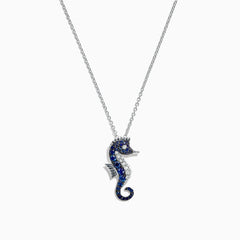 Seaside 14K White Gold Sapphire & Diamond Seahorse Pendant (0.78 TCW) on a delicate white gold chain, set with sapphire and white gemstones, displayed against a plain white background.