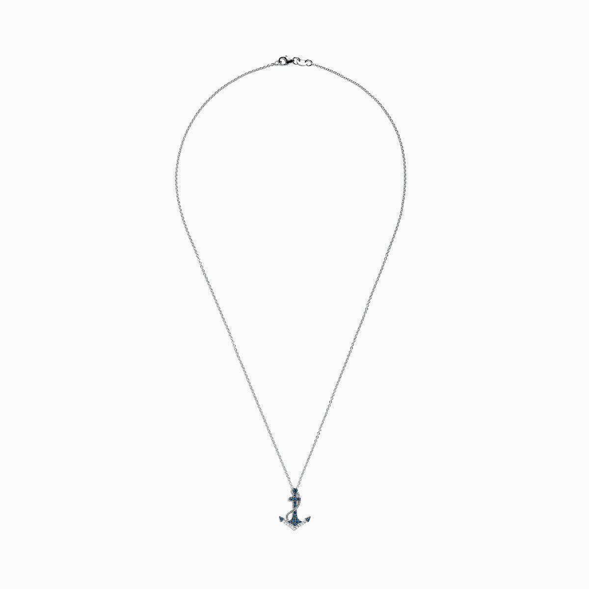 The Seaside 14K White Gold Blue & White Diamond Anchor Pendant (0.20 TCW) pairs a dazzling anchor charm with a silver chain for a striking, nautical-inspired style.