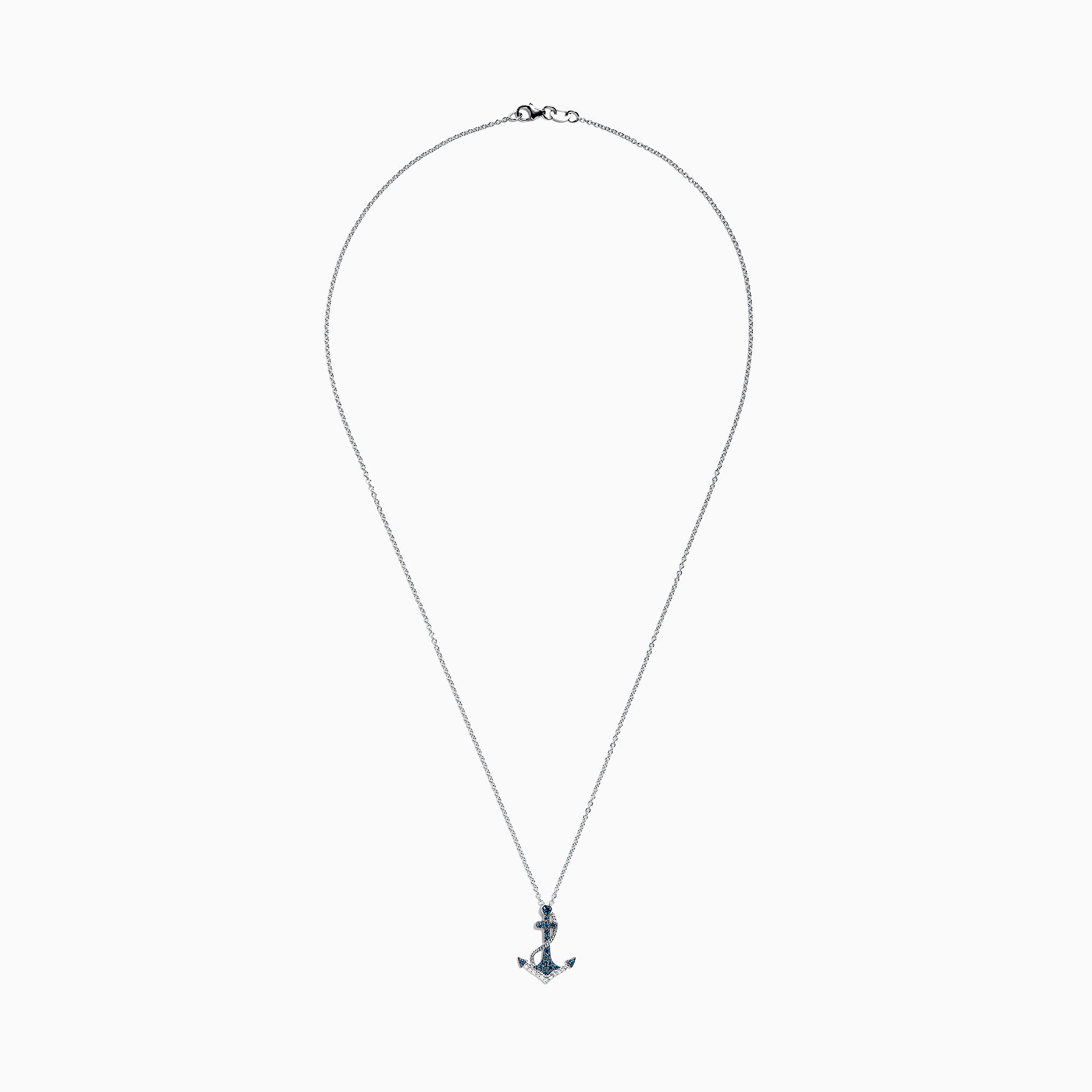 The Seaside 14K White Gold Blue & White Diamond Anchor Pendant (0.20 TCW) pairs a dazzling anchor charm with a silver chain for a striking, nautical-inspired style.