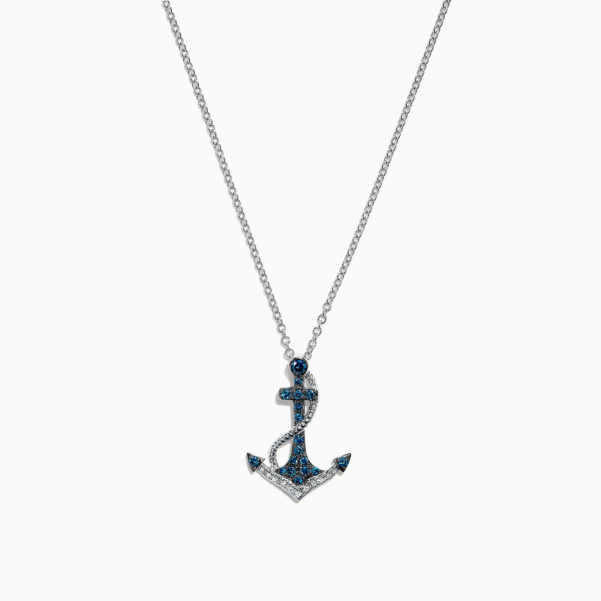 The Seaside 14K White Gold Blue & White Diamond Anchor Pendant (0.20 TCW) pairs a dazzling anchor charm with a silver chain for a striking, nautical-inspired style.