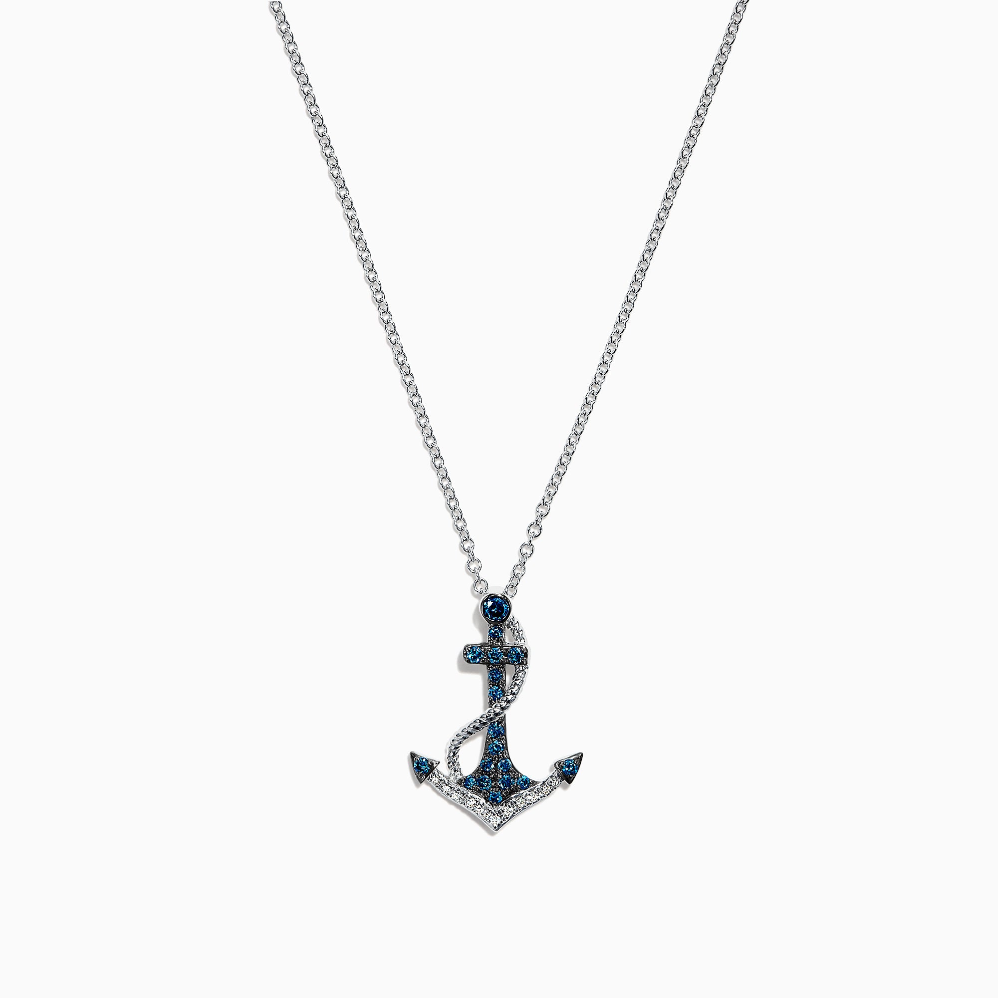 The Seaside 14K White Gold Blue & White Diamond Anchor Pendant (0.20 TCW) pairs a dazzling anchor charm with a silver chain for a striking, nautical-inspired style.
