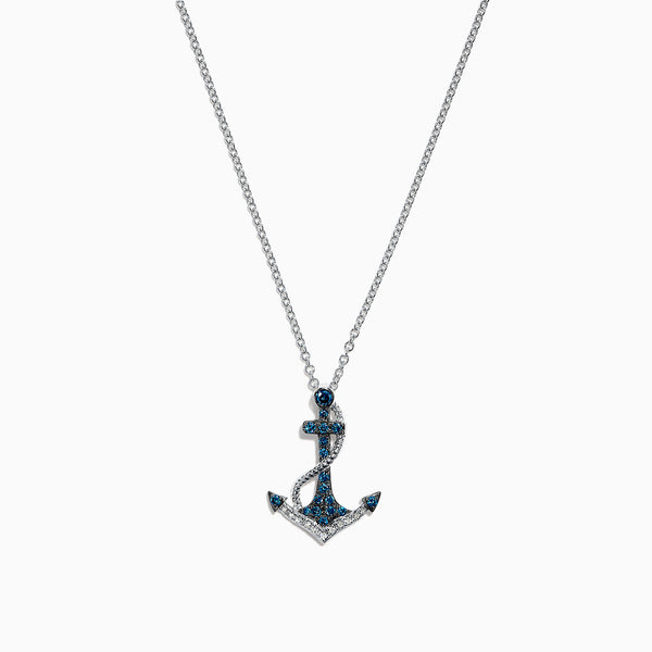 Seaside 14K White Gold Blue & White Diamond Anchor Pendant, 0.20 TCW