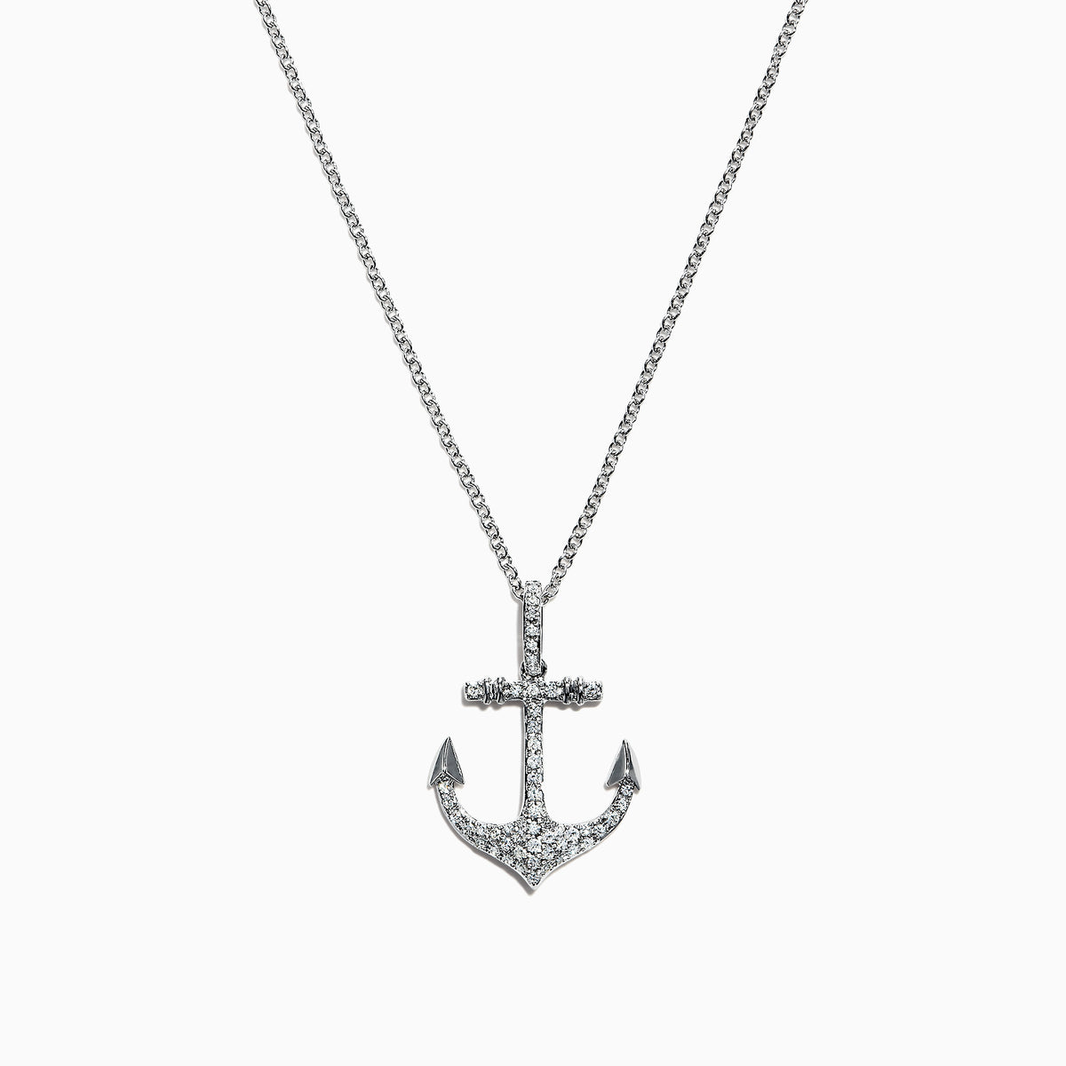 A Seaside 14K White Gold Diamond Anchor Pendant (0.21 ct) is displayed on a plain white background, its silver design encrusted with sparkling diamonds.