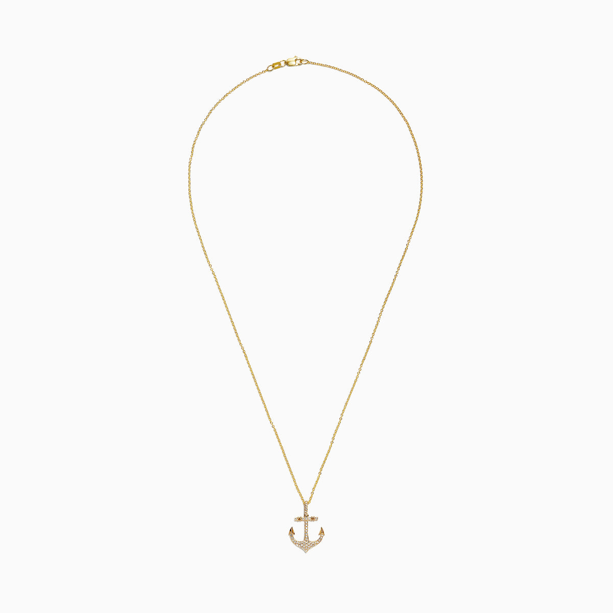 The Seaside 14K Yellow Gold Diamond Anchor Pendant (0.21 TCW) features sparkling diamonds and gold detailing at the tips and crossbar, creating a radiant anchor design against a plain white background.