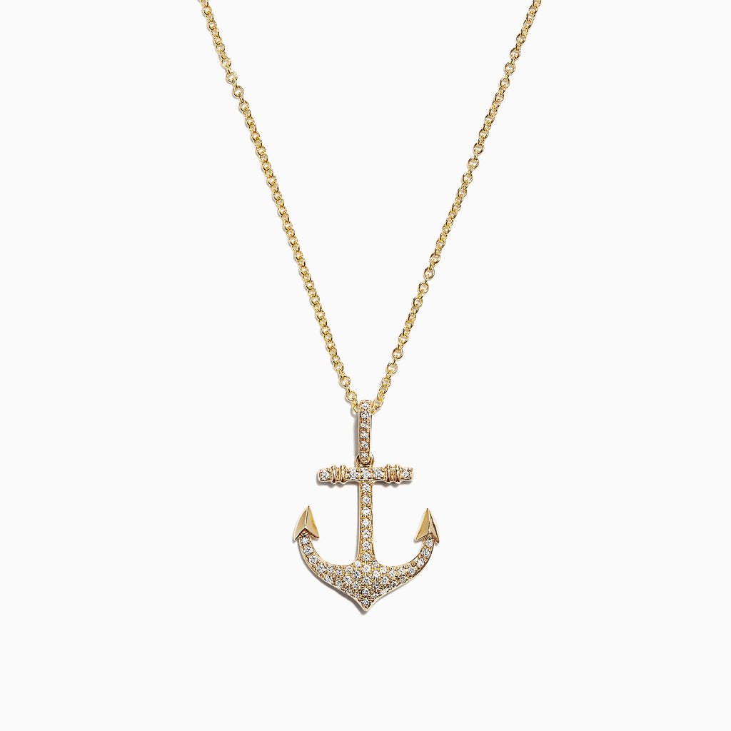 The Seaside 14K Yellow Gold Diamond Anchor Pendant (0.21 TCW) features sparkling diamonds and gold detailing at the tips and crossbar, creating a radiant anchor design against a plain white background.
