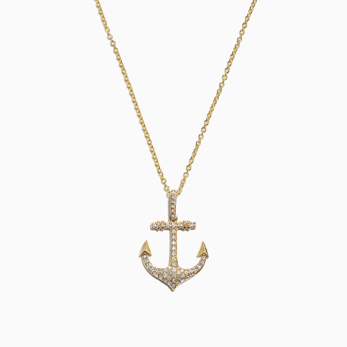 The Seaside 14K Yellow Gold Diamond Anchor Pendant (0.21 TCW) features sparkling diamonds and gold detailing at the tips and crossbar, creating a radiant anchor design against a plain white background.