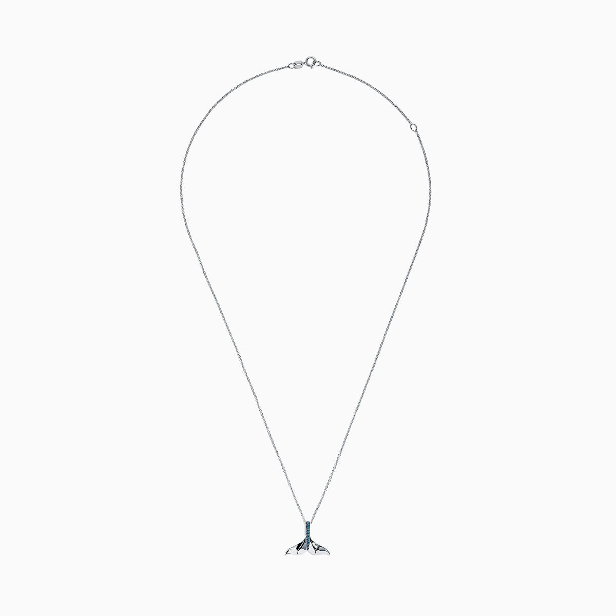 The Seaside 14K White Gold Blue Diamond Whales Tail Pendant (0.05 TCW) features a sparkling row of blue diamonds along the center, complemented by a thin chain and polished finish for an elegant, ocean-inspired look.
