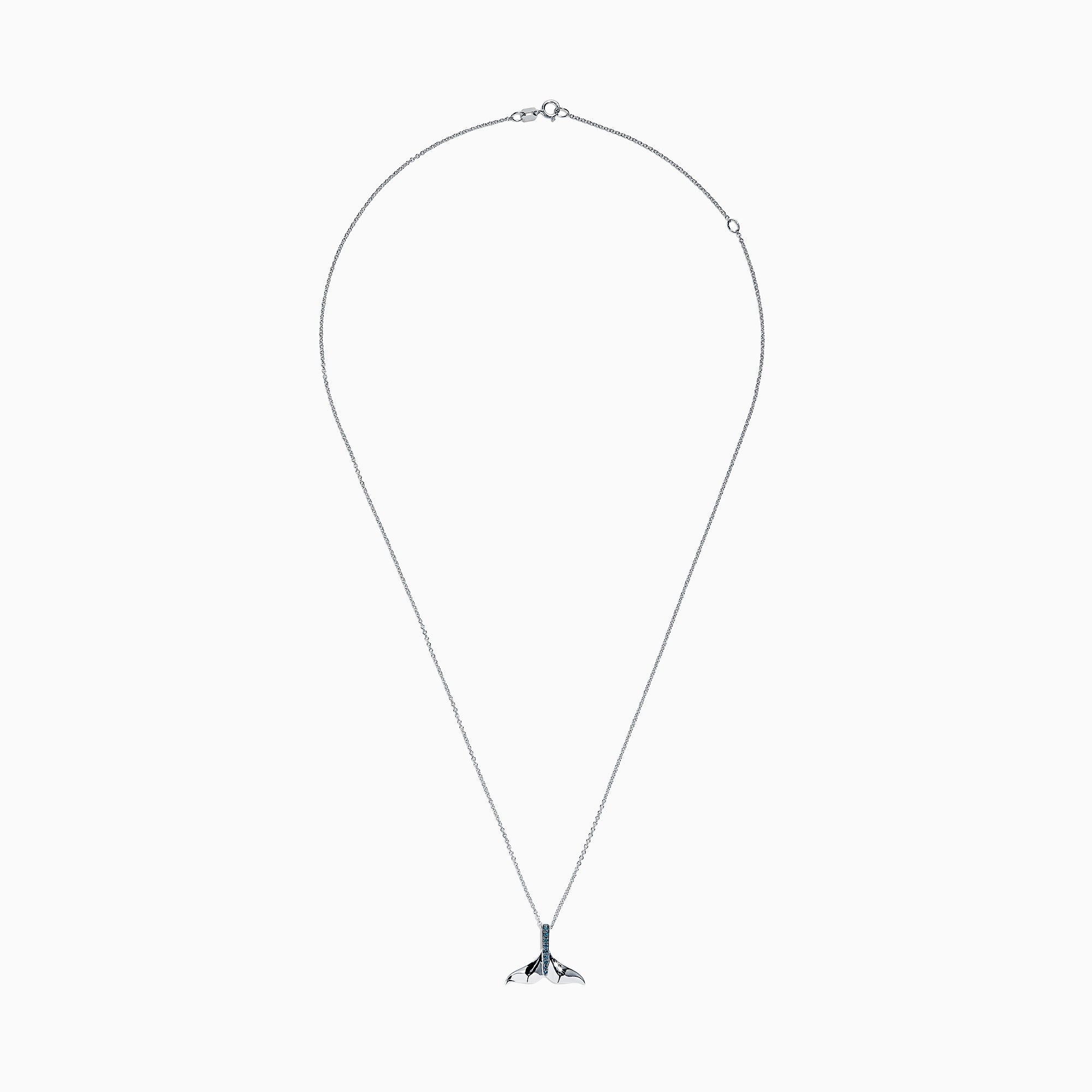 The Seaside 14K White Gold Blue Diamond Whales Tail Pendant (0.05 TCW) features a sparkling row of blue diamonds along the center, complemented by a thin chain and polished finish for an elegant, ocean-inspired look.