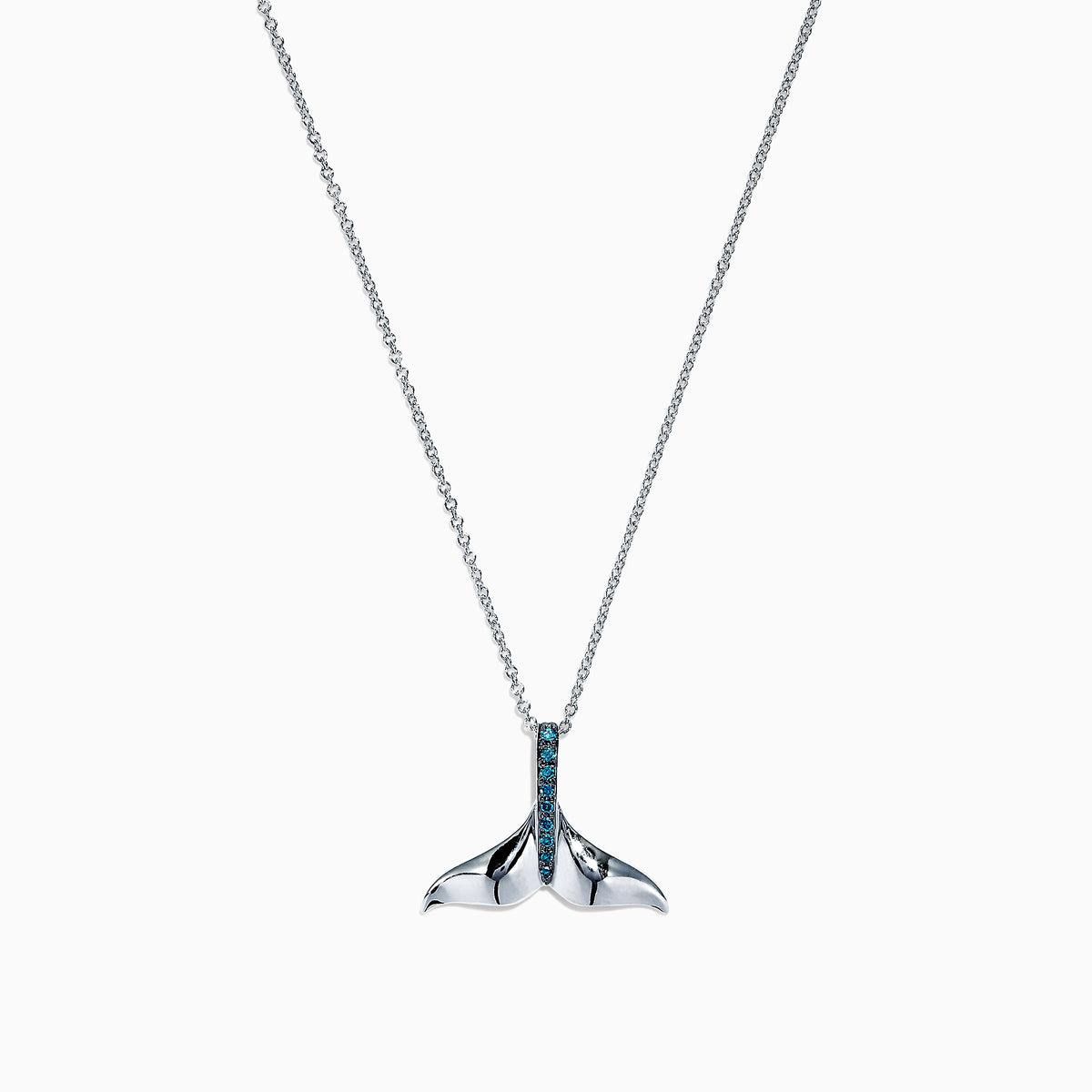 The Seaside 14K White Gold Blue Diamond Whales Tail Pendant (0.05 TCW) features a sparkling row of blue diamonds along the center, complemented by a thin chain and polished finish for an elegant, ocean-inspired look.