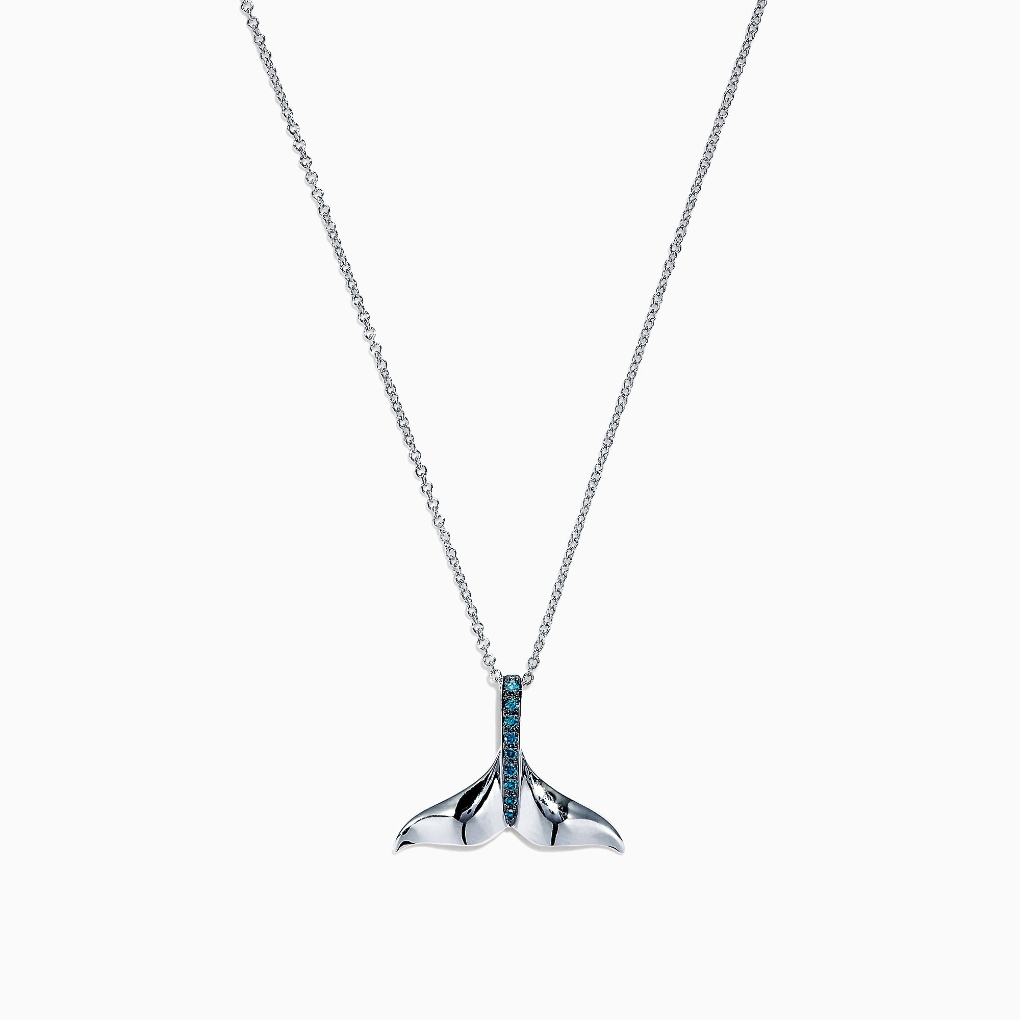 The Seaside 14K White Gold Blue Diamond Whales Tail Pendant (0.05 TCW) features a sparkling row of blue diamonds along the center, complemented by a thin chain and polished finish for an elegant, ocean-inspired look.