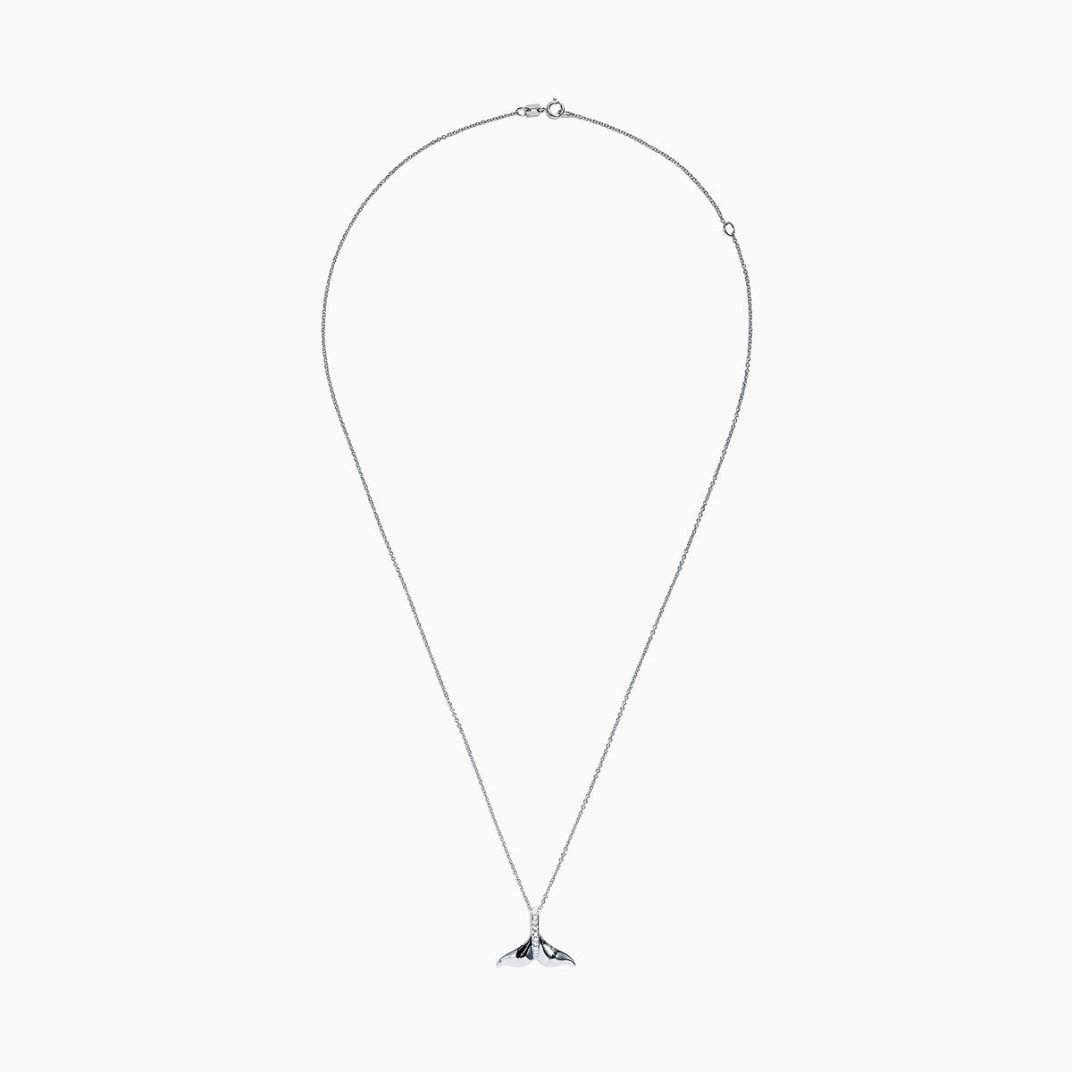The Seaside 14K White Gold Diamond Whales Tail Pendant, 0.05 TCW, is showcased with a row of sparkling diamonds along the center, set against a plain white background.