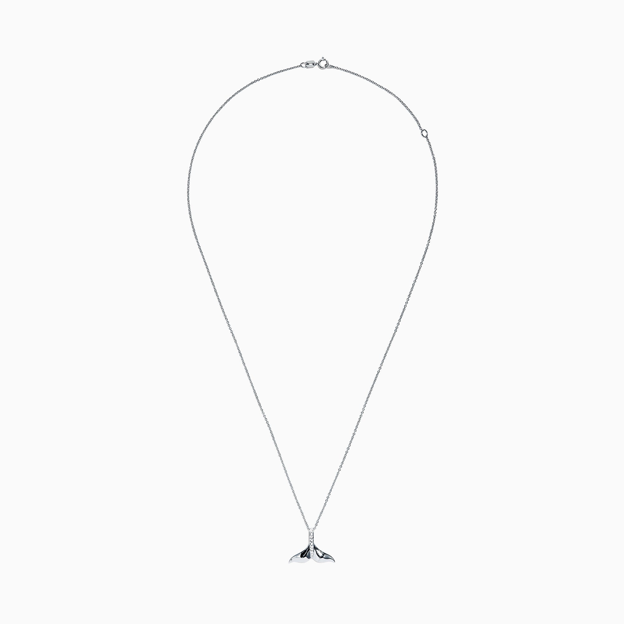 The Seaside 14K White Gold Diamond Whales Tail Pendant, 0.05 TCW, is showcased with a row of sparkling diamonds along the center, set against a plain white background.