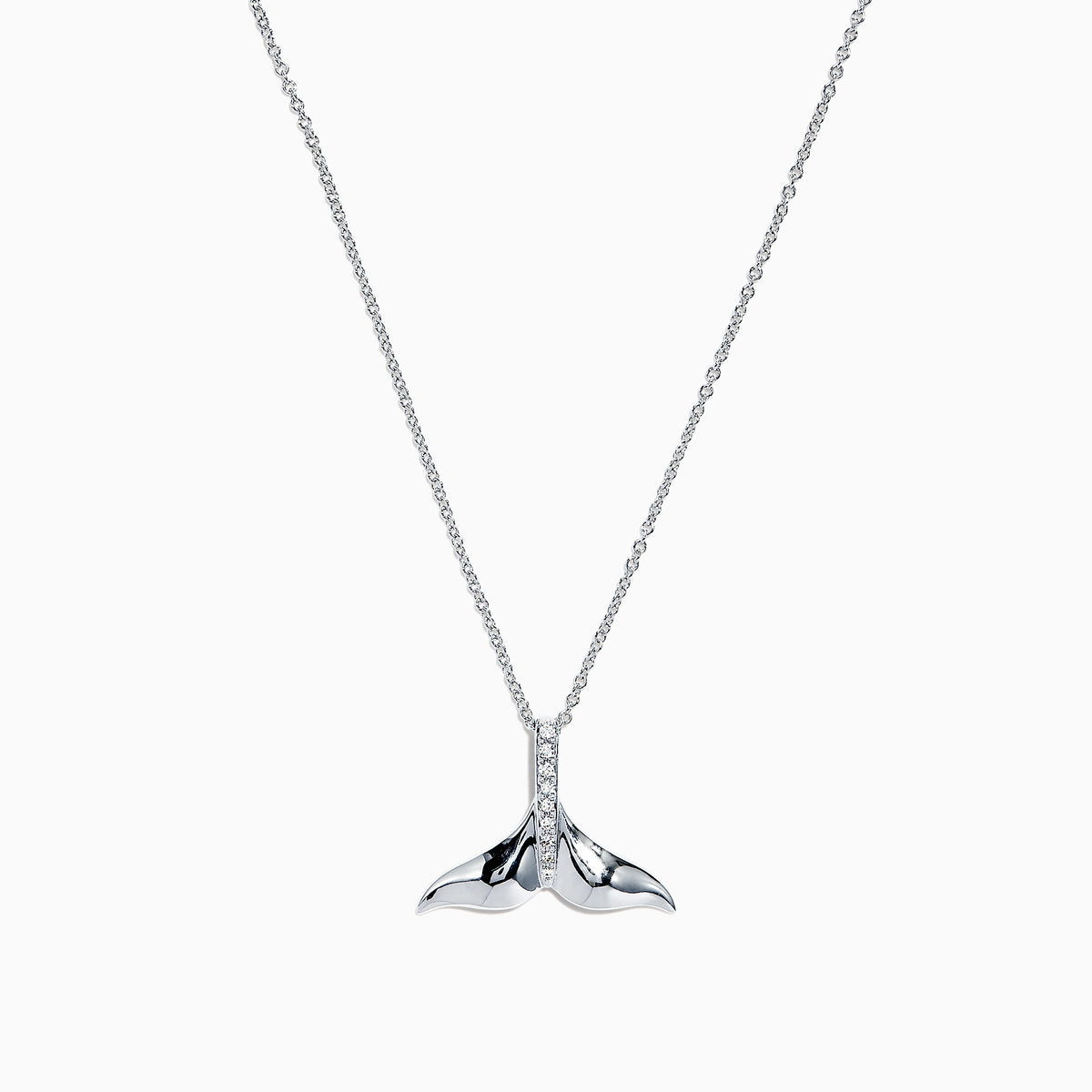 The Seaside 14K White Gold Diamond Whales Tail Pendant, 0.05 TCW, is showcased with a row of sparkling diamonds along the center, set against a plain white background.