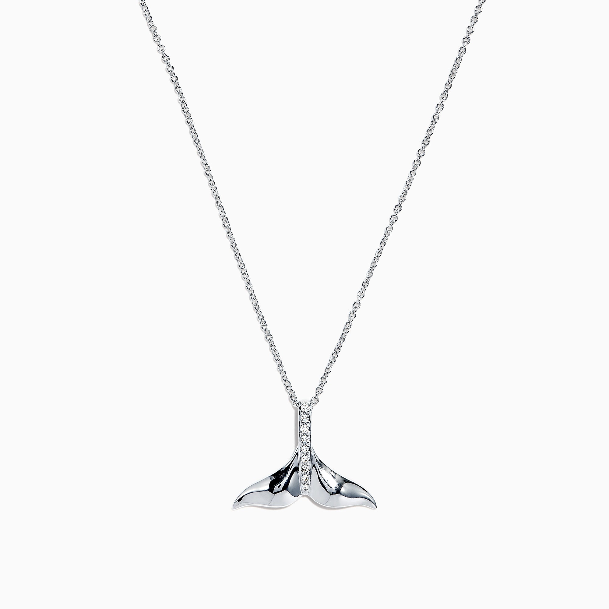The Seaside 14K White Gold Diamond Whales Tail Pendant, 0.05 TCW, is showcased with a row of sparkling diamonds along the center, set against a plain white background.