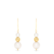 The 14K Yellow Gold Cultured Fresh Water Pearl Earrings feature yellow gold hooks, a textured gold bead, and two freshwater pearls—one small above and one larger below the bead—dangling from each earring.
