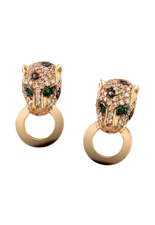 Signature 14K Rose Gold Diamond & Emerald Earrings, 0.65 TCW, showcase leopard head designs accented with clear diamonds and green emeralds, each holding a smooth rose gold ring in its mouth.
