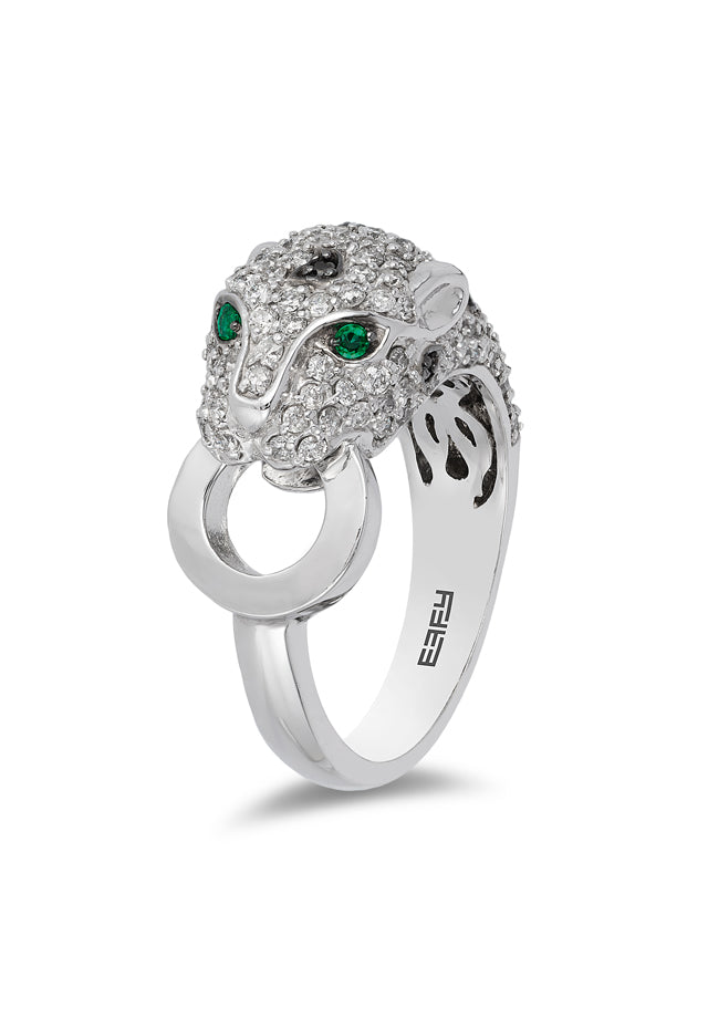 The Signature 14K White Gold Diamond and Emerald Ring, 1.40 TCW, features a panther’s diamond-adorned head with emerald eyes, a circular ring in its mouth, and an elegant cutout paw print design on the band.