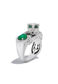 The Signature 14K White Gold Diamond and Emerald Ring, 2.31 TCW features a panther encrusted with diamonds, gripping an oval emerald, with vivid green gemstone eyes for an exquisite statement piece.