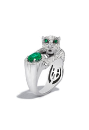The Signature 14K White Gold Diamond and Emerald Ring, 2.31 TCW features a panther encrusted with diamonds, gripping an oval emerald, with vivid green gemstone eyes for an exquisite statement piece.