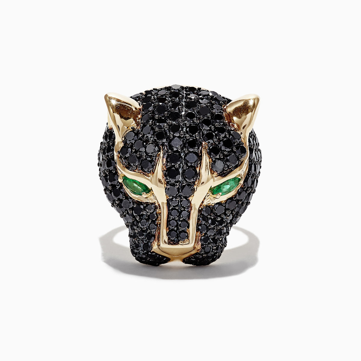 The Collectors Edition 14K Yellow Gold Black Diamond Ring, 3.80 TCW, features a panther head design with black diamonds and vivid green eyes, elegantly showcased against a plain white background.
