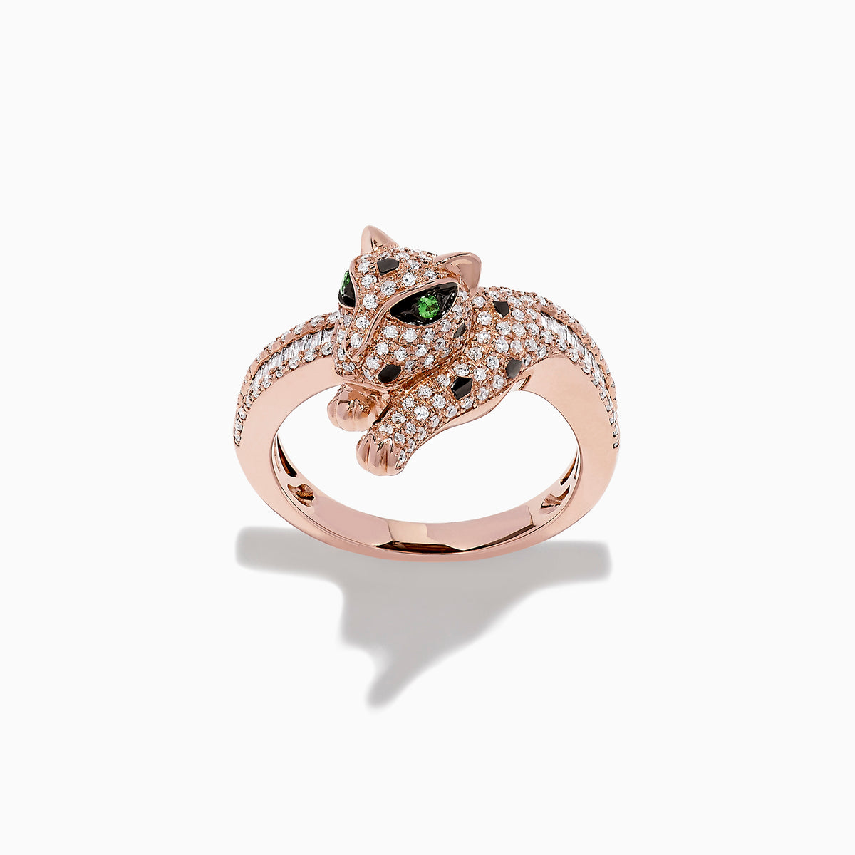 The Signature 14K Rose Gold Diamond and Tsavorite Ring (0.72 TCW) features a panther-shaped head encrusted with diamonds and vivid tsavorite eyes, displayed against a white background.