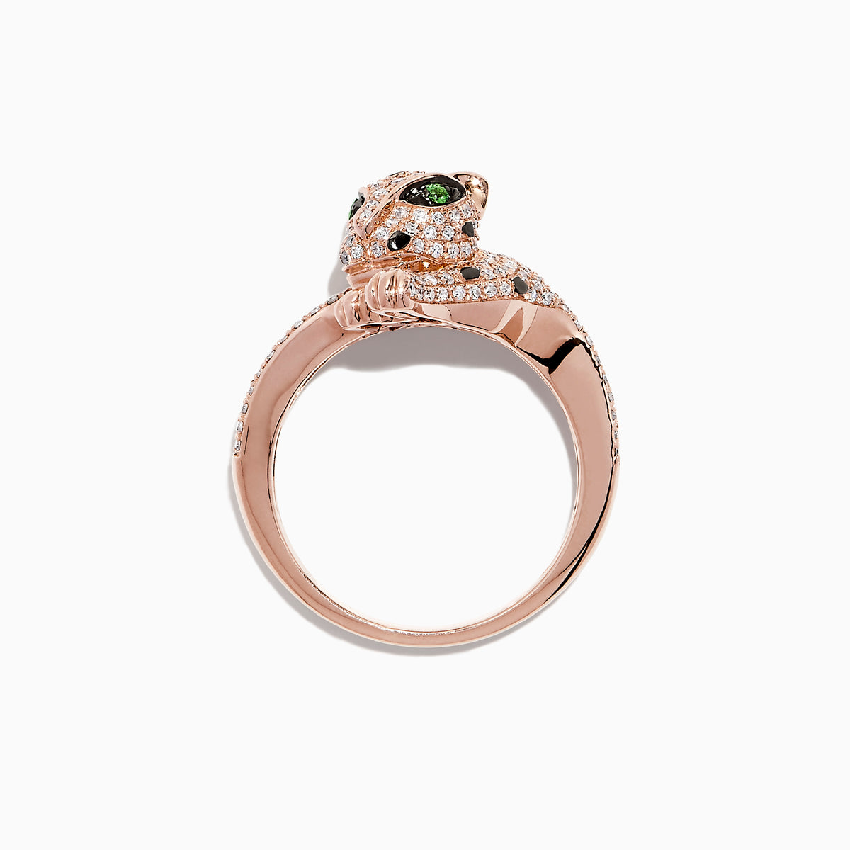 The Signature 14K Rose Gold Diamond and Tsavorite Ring (0.72 TCW) features a panther-shaped head encrusted with diamonds and vivid tsavorite eyes, displayed against a white background.