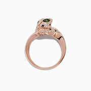 The Signature 14K Rose Gold Diamond and Tsavorite Ring (0.72 TCW) features a panther-shaped head encrusted with diamonds and vivid tsavorite eyes, displayed against a white background.