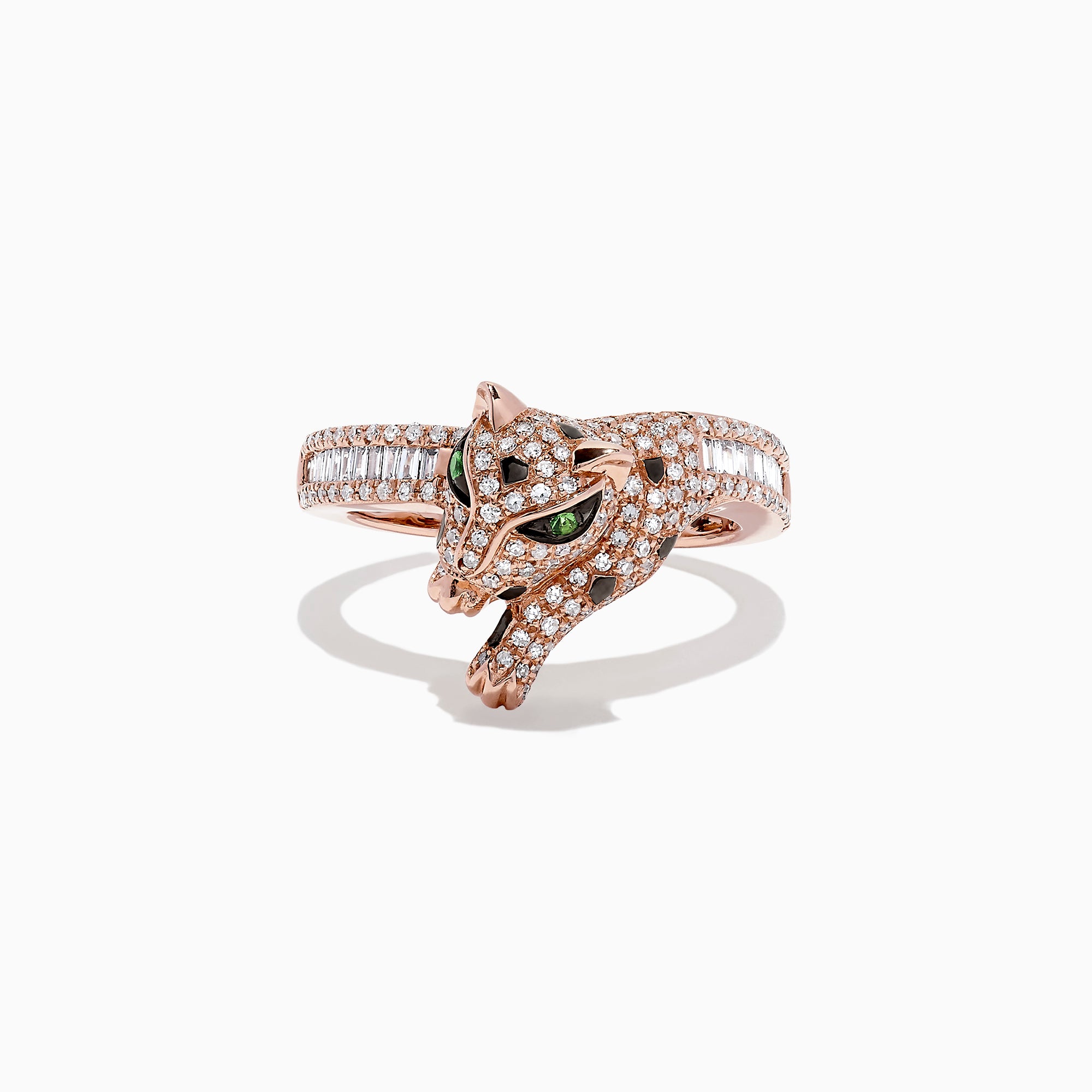The Signature 14K Rose Gold Diamond and Tsavorite Ring (0.72 TCW) features a panther-shaped head encrusted with diamonds and vivid tsavorite eyes, displayed against a white background.