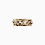 The Effy Signature 14K Yellow Gold Diamond and Tsavorite Panther Ring, 0.64 TCW, features a sculpted panther with diamond accents and green tsavorite eyes, intricate latticework inside the band, shown on a white background.