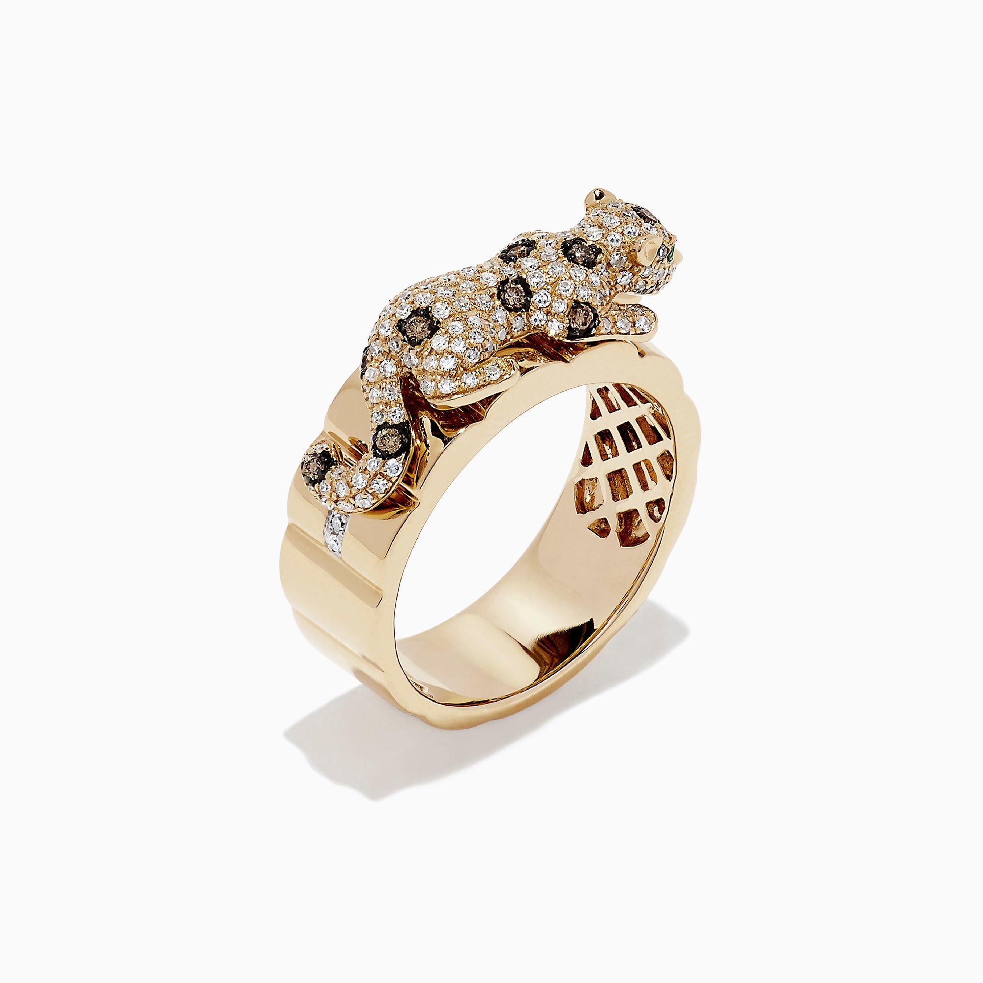 The Effy Signature 14K Yellow Gold Diamond and Tsavorite Panther Ring, 0.64 TCW, features a sculpted panther with diamond accents and green tsavorite eyes, intricate latticework inside the band, shown on a white background.