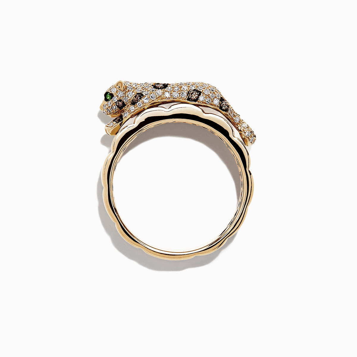 The Effy Signature 14K Yellow Gold Diamond and Tsavorite Panther Ring, 0.64 TCW, features a sculpted panther with diamond accents and green tsavorite eyes, intricate latticework inside the band, shown on a white background.