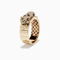 The Effy Signature 14K Yellow Gold Diamond and Tsavorite Panther Ring, 0.64 TCW, features a sculpted panther with diamond accents and green tsavorite eyes, intricate latticework inside the band, shown on a white background.