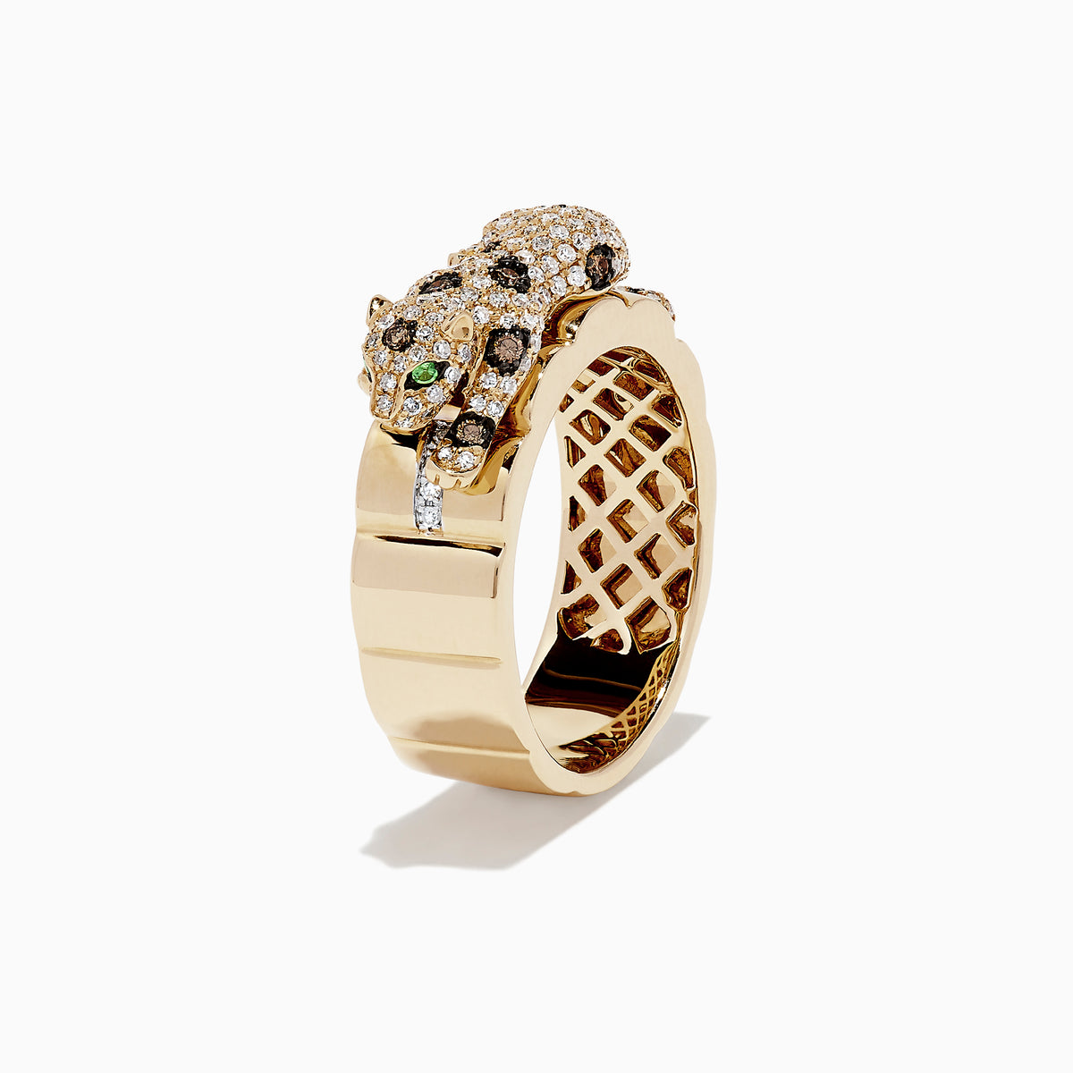 The Effy Signature 14K Yellow Gold Diamond and Tsavorite Panther Ring, 0.64 TCW, features a sculpted panther with diamond accents and green tsavorite eyes, intricate latticework inside the band, shown on a white background.
