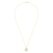 The Aurora 14K Yellow Gold Opal and Diamond Pendant (1.28 TCW) features an oval opal and diamond centerpiece, framed by sparkling round white stones in a radiant sunburst design on a yellow gold chain necklace.