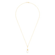 The 14K Yellow Gold Cultured Fresh Water Pearl Pendant features two white pearls and a textured gold bead, all vertically aligned on a yellow gold chain necklace.