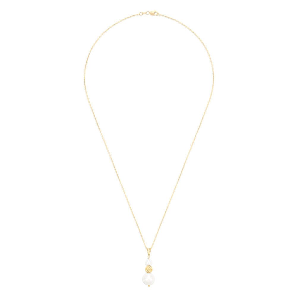 The 14K Yellow Gold Cultured Fresh Water Pearl Pendant features two white pearls and a textured gold bead, all vertically aligned on a yellow gold chain necklace.