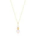The 14K Yellow Gold Cultured Fresh Water Pearl Pendant features two white pearls and a textured gold bead, all vertically aligned on a yellow gold chain necklace.
