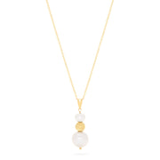The 14K Yellow Gold Cultured Fresh Water Pearl Pendant features two white pearls and a textured gold bead, all vertically aligned on a yellow gold chain necklace.