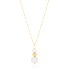 The 14K Yellow Gold Cultured Fresh Water Pearl Pendant features two white pearls and a textured gold bead, all vertically aligned on a yellow gold chain necklace.