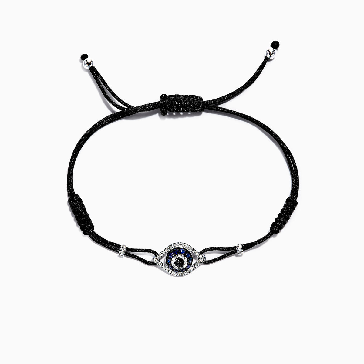 A 14K gold string bracelet featuring a sapphire and diamond evil eye charm (0.56 TW), inspired by the classic motif.