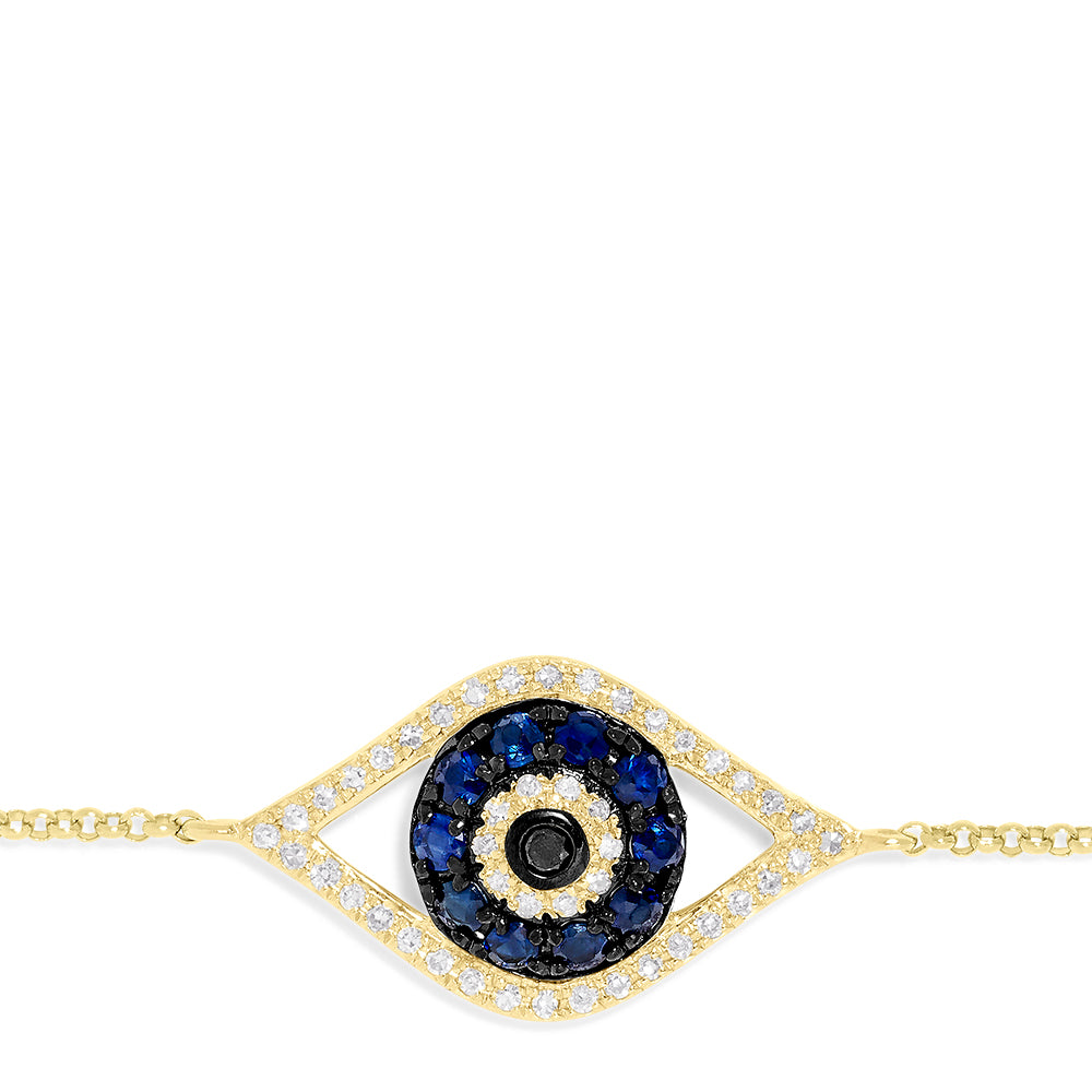 Novelty 14K Yellow Gold Sapphire & Diamond Evil Eye Bracelet, 0.43 TCW, features an eye-shaped charm with blue sapphire and diamonds, finished with a secure lobster clasp.
