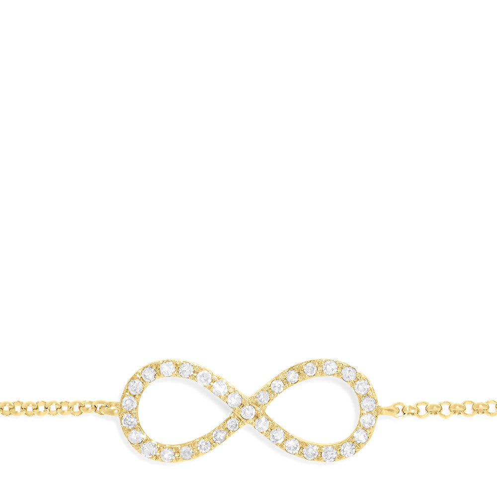 The Novelty 14K Yellow Gold Diamond Infinity Bracelet, 0.12 TCW, features a delicate infinity symbol with sparkling diamonds and a secure lobster clasp—a timeless piece from Effy Jewelry.